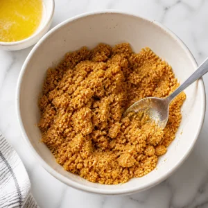 Graham cracker crumbs mixed with melted butter in a small bowl