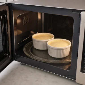 Two ramekins of microwave cheesecake cooking until the edges are set