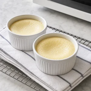 Warm individual cheesecakes cooling in ramekins on a kitchen towel