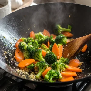 Aglio, zenzero, carote e broccoli saltati nel wok