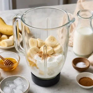 Pezzi di banana, yogurt greco, miele, latte, ghiaccio, cannella e sale nel frullatore