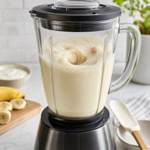 Frullato cremoso di banana miele e yogurt greco frullato fino a essere liscio e schiumoso
