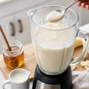 Cucchiaio che assaggia il frullato banana miele e yogurt con miele e latte accanto per regolare