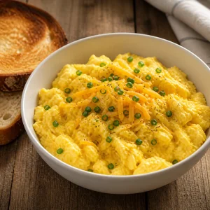 Creamy scrambled eggs with chives and cheese
