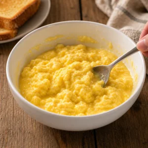 Glossy soft scrambled eggs folded with a spoon