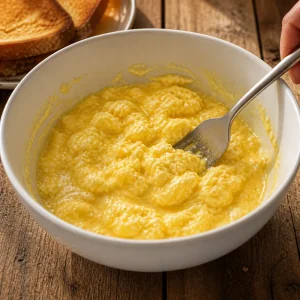 Partially cooked scrambled eggs being stirred