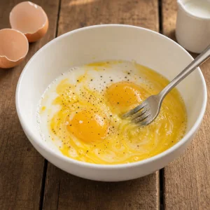 Raw eggs and milk being whisked in a white bowl