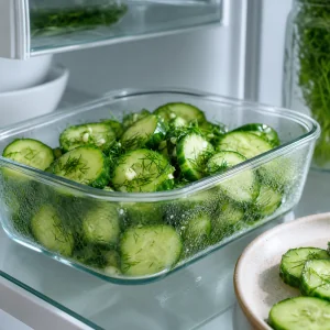 Chilled garlicky dill cucumbers in a refrigerator container ready for a final toss and serving