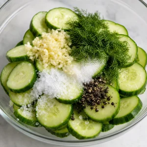 Cucumber slices topped with kosher salt minced garlic cracked peppercorns and fresh dill