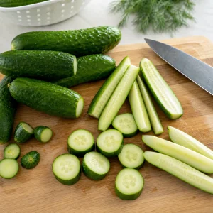 Fresh cucumbers trimmed and sliced into rounds and spears on a cutting board