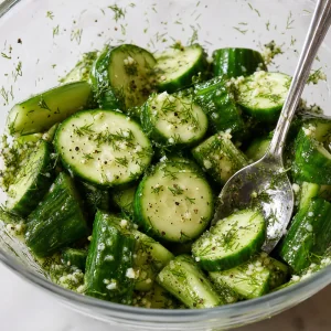 Seasoned cucumber slices tossed until evenly coated with dill garlic salt and pepper
