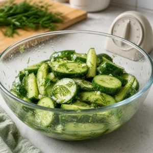 Seasoned cucumbers resting in a bowl as salt draws out moisture and infuses flavor