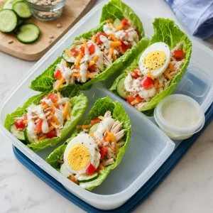Fertige Truthahn-Avocado-Salatboote mit Dressing und Eischeiben fuer den Lunch