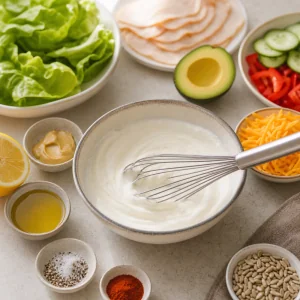 Griechisches Joghurt-Zitronen-Dijon-Dressing wird fuer Truthahn-Avocado-Salatboote verruehrt