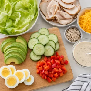 Avocado, Gurke, rote Paprika und Eier fuer Truthahn-Salatboote vorbereitet