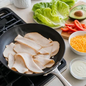 Scheiben von gebratener Pute werden in einer beschichteten Pfanne fuer Salatboote erwaermt