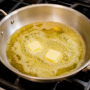 Mantequilla derritiendose con aceite de oliva en una sarten amplia
