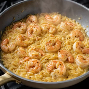 Orzo cocido y camarones dorados mezclados en salsa de limon y ajo