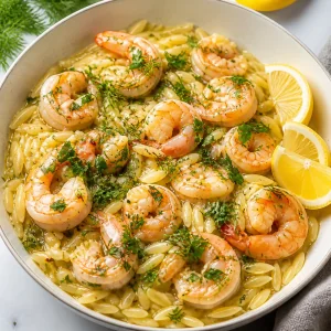 Camarones con orzo terminados con perejil, eneldo y gajos de limon