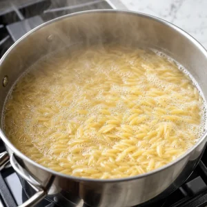 Orzo hirviendo en una olla con agua salada
