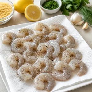 Camarones crudos secandose sobre papel con sal y pimienta