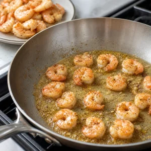 Camarones dorandose en una sarten caliente hasta ponerse rosados