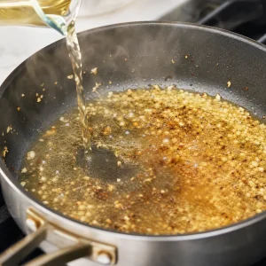 Vino blanco desglasando una salsa de mantequilla y ajo