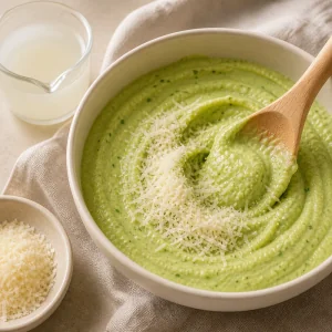 Parmesao ralado envolvido num molho verde espesso de abacate
