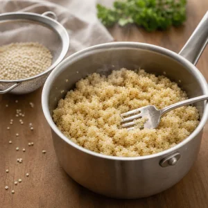 Quinoa cuit et moelleux dans une petite casserole avec une fourchette