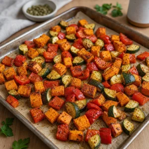 Patate douce, poivron rouge et courgette rôtis sur une plaque