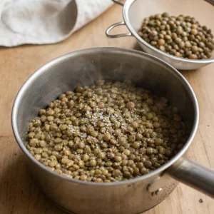 Lentilles vertes tendres dans une casserole après cuisson