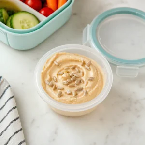 Creamy hummus in a small lunch container topped with sunflower seeds