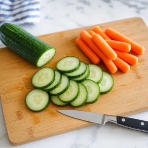 Cucumber rounds and clean baby carrots prepared for a bento box