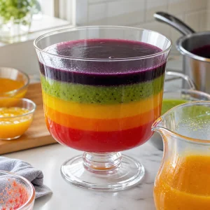 Clear bowl showing colorful fruit jelly layers as more puree is added.