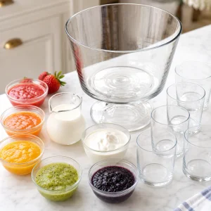 Clear trifle bowl and glasses chilled for rainbow layered fruit jelly.
