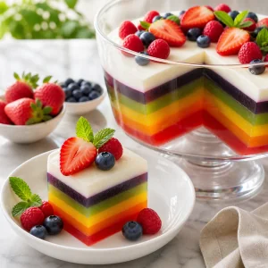 Finished rainbow layered jelly served with fresh berries and mint.
