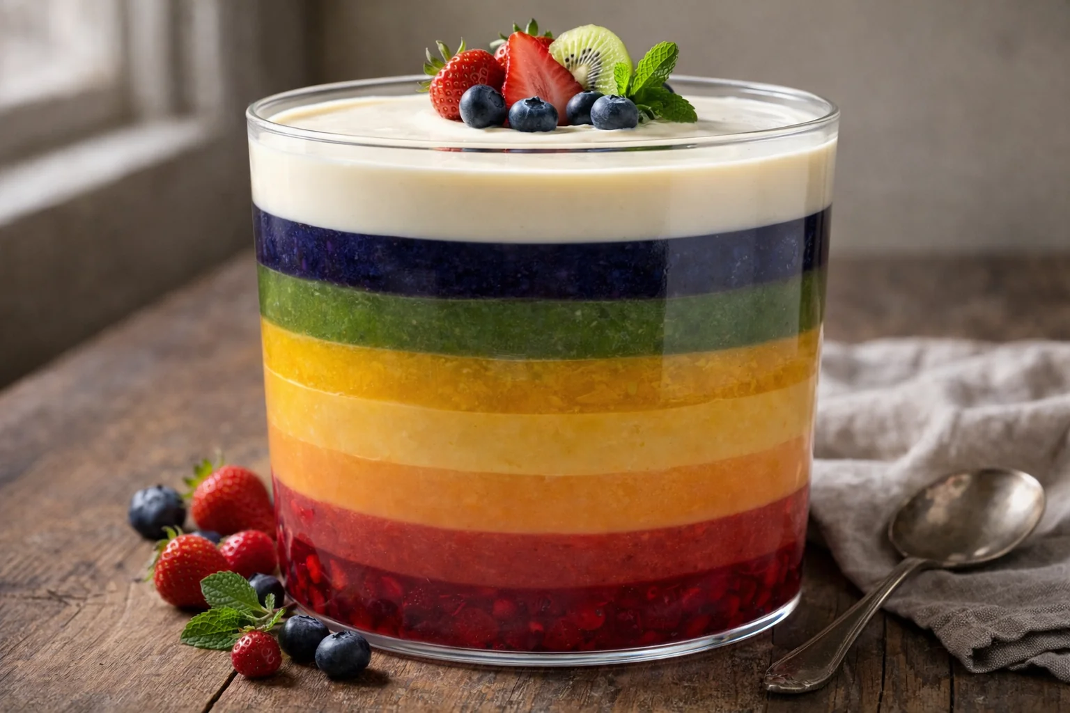 Rainbow Layered Jelly with Fresh Fruit and Vanilla Cream