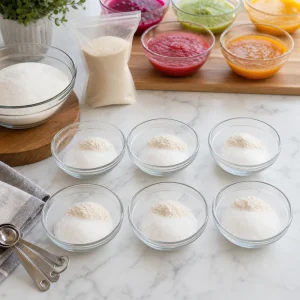 Six small bowls of divided agar-agar and sugar for jelly layers.