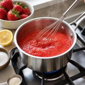 Strawberry puree with agar and sugar whisked in a saucepan.