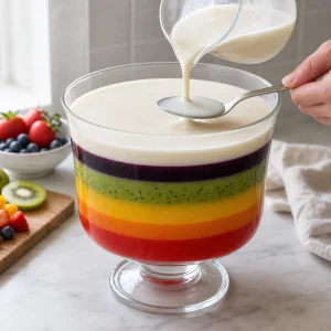 Vanilla cream poured over a spoon onto set rainbow jelly layers.