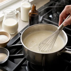 Vanilla milk and cream mixture simmering with agar in a saucepan.