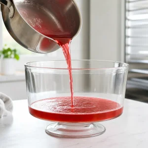 Warm strawberry jelly poured into a clear bowl for the first layer.