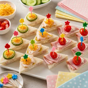 Assorted mini sandwich canapes arranged on a prep tray