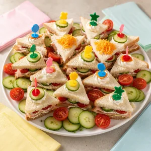Finished mini sandwich canapes on a platter with cucumber and tomatoes