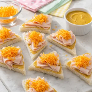 Turkey and shredded cheddar on honey mustard bread triangles
