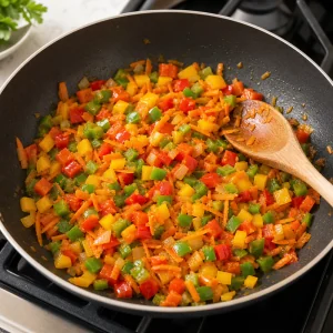 Diced peppers and grated carrot softening in a skillet