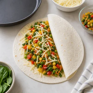 Tortilla filled with cheese and rainbow vegetables before folding