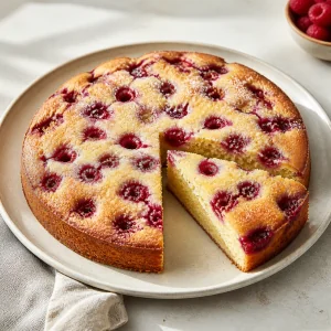 Finished raspberry buttermilk cake with one slice cut