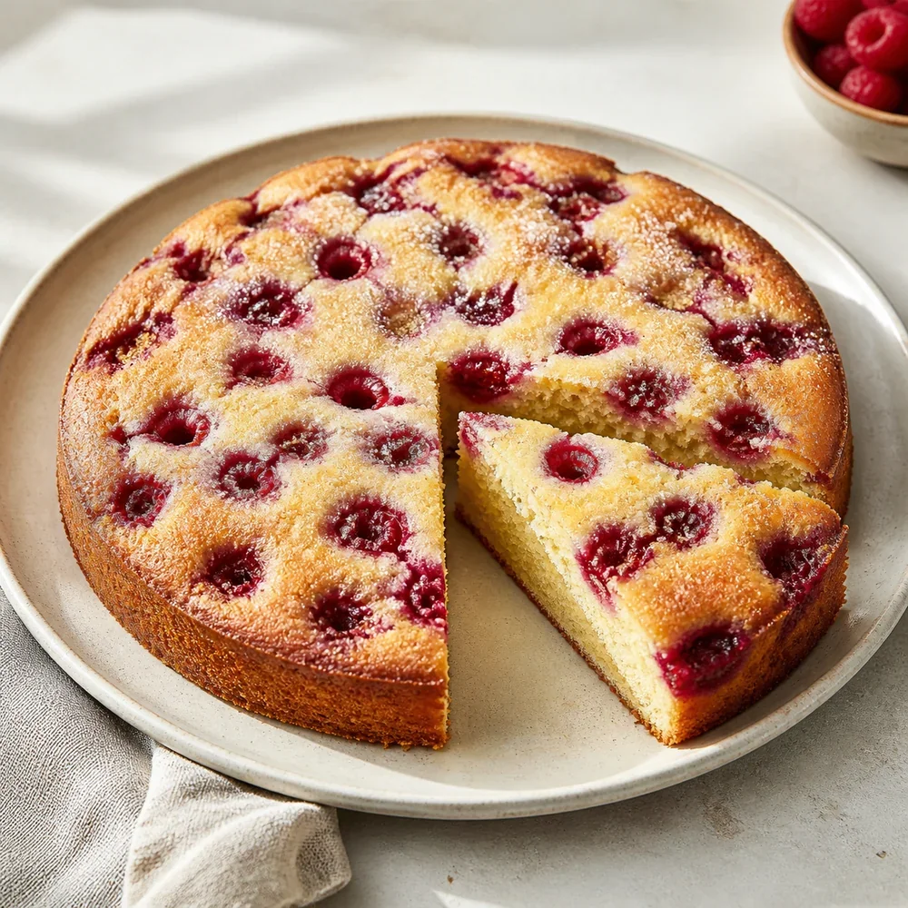 Bolo de buttermilk com framboesas pronto com uma fatia cortada