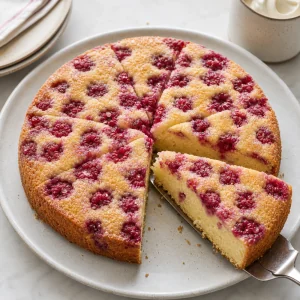 Bolo de buttermilk com framboesas fatiado para servir